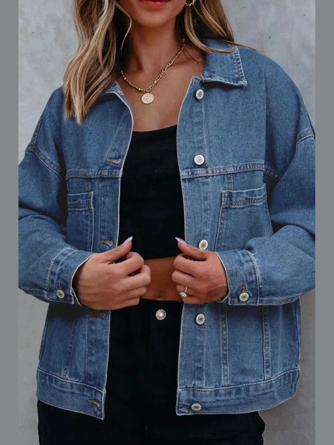 Pocketed Button Up Denim Jacket nicholesgifts