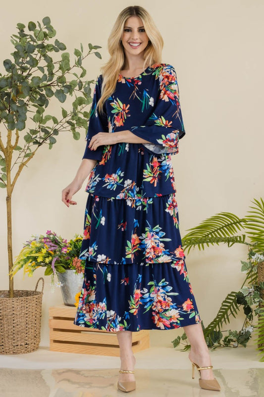 Women Full Size Celeste Floral Ruffle Tiered Midi Dress - Nicholesgifts.online