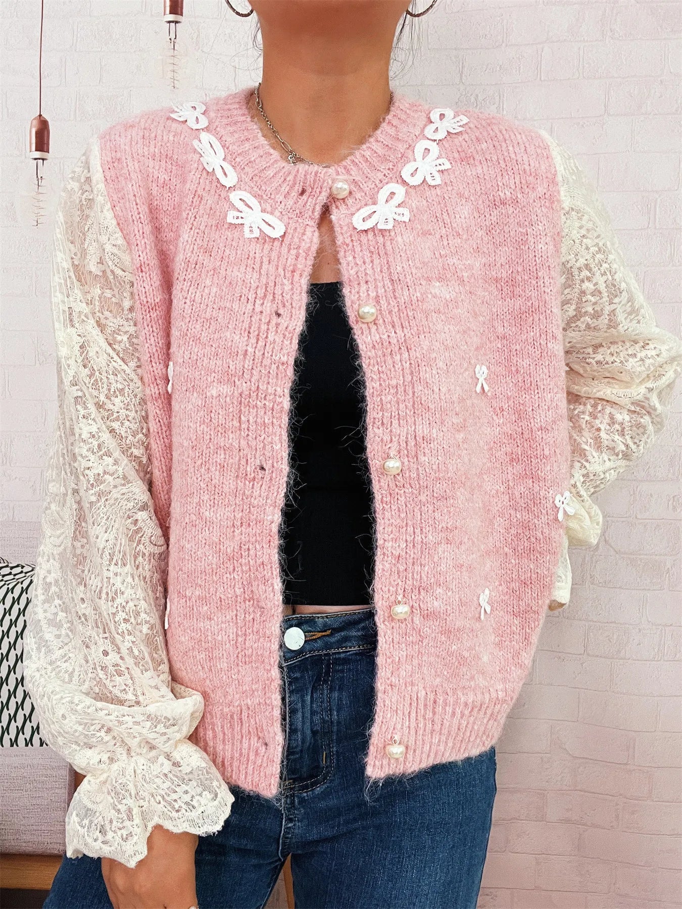 Lace Sleeve Button-Up Cardigan