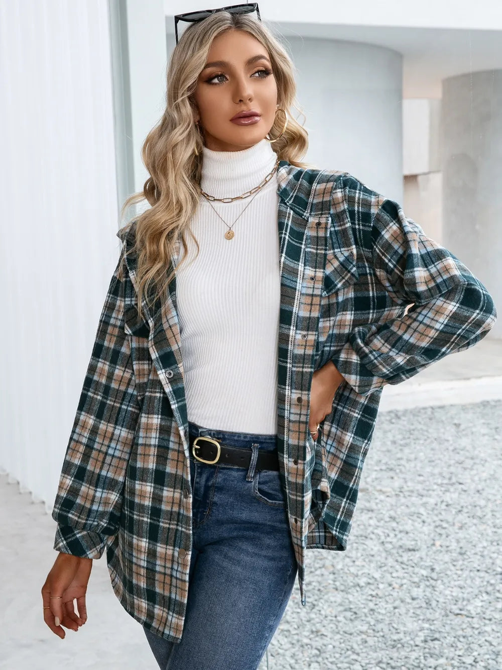 Ivy Lane Plaid Snap Down Hooded Jacket nicholesgifts