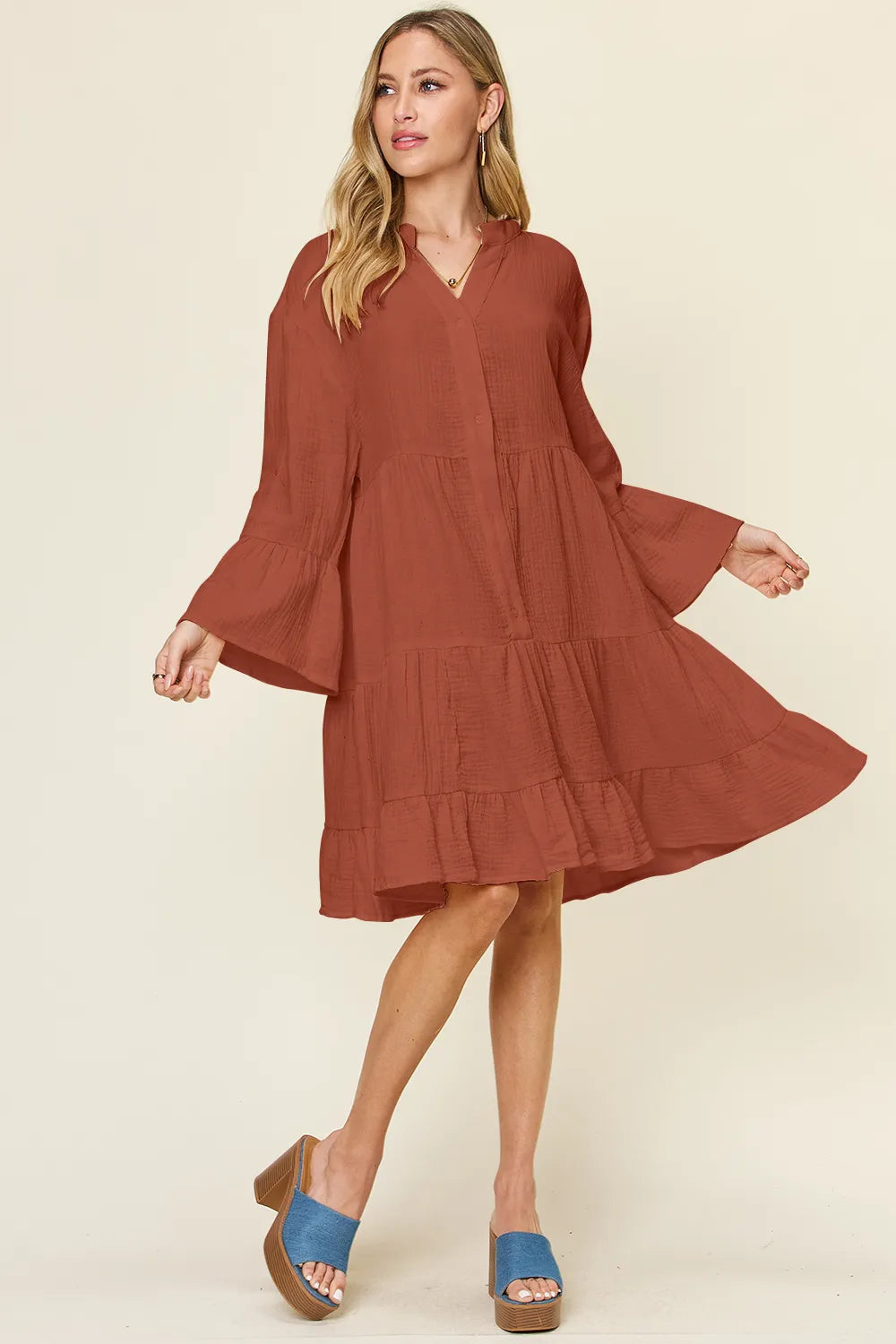 Double Take Full Size Texture Button Up Ruffle Hem Dress Trendsi