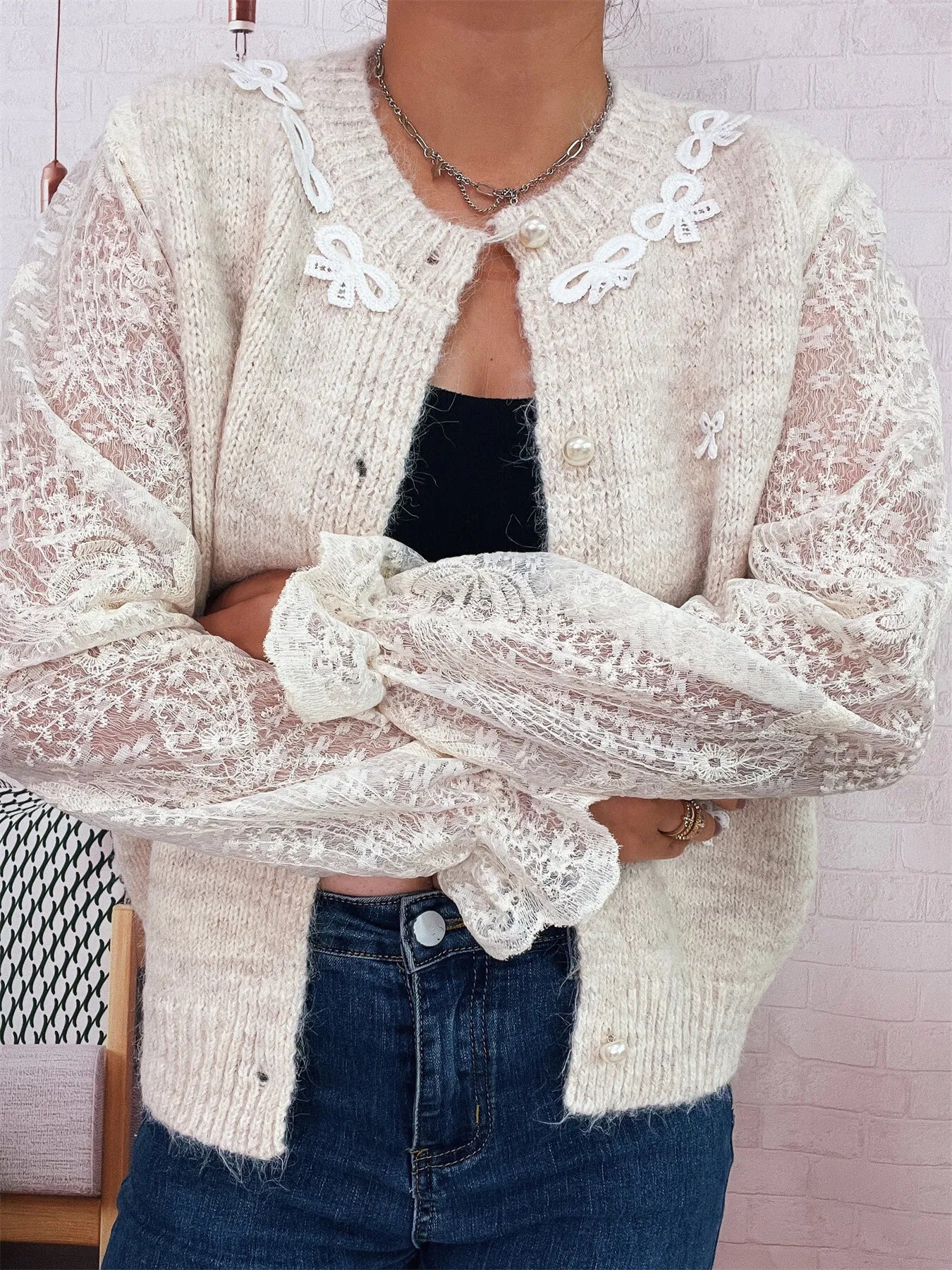 Lace Sleeve Button-Up Cardigan