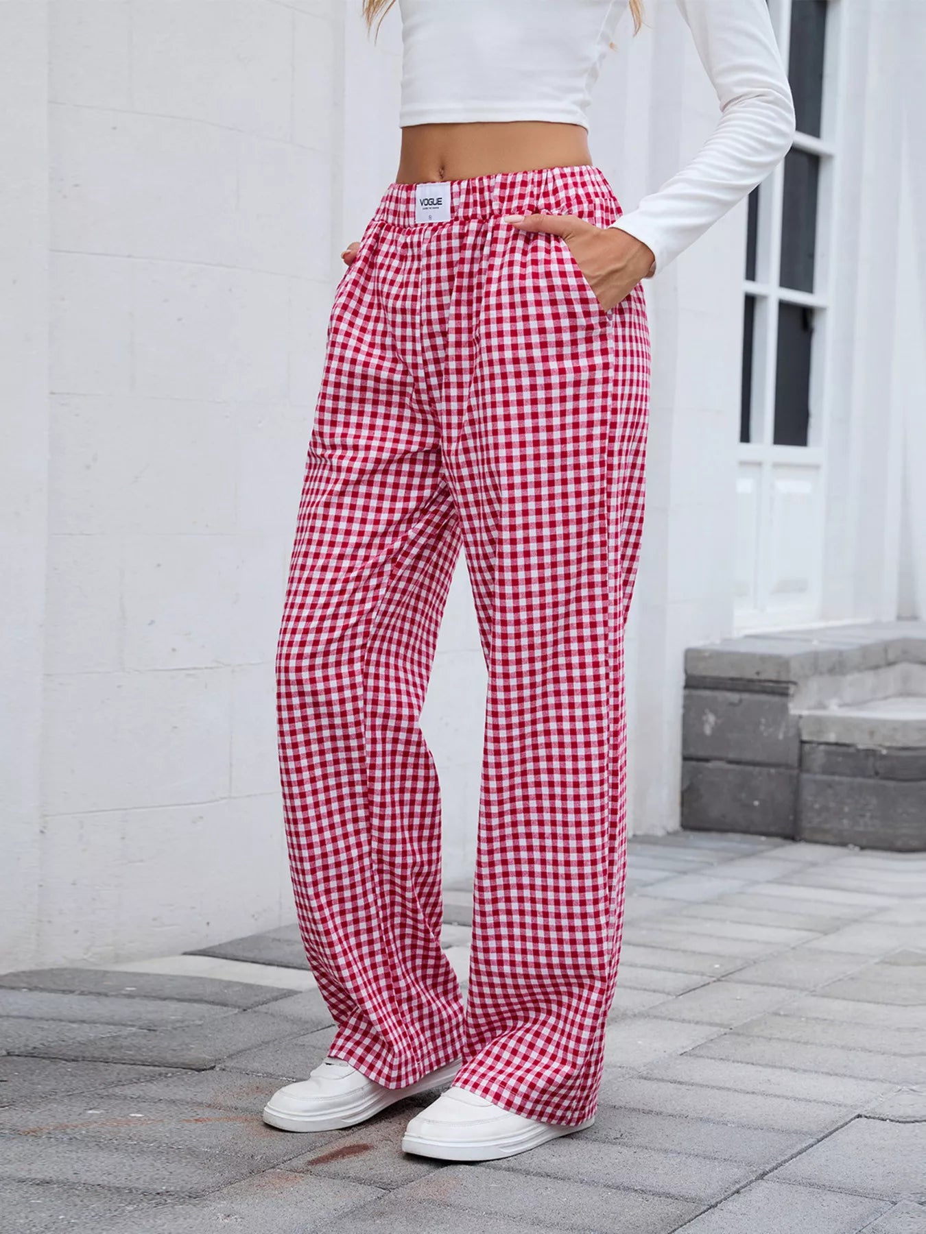 Women Plaid Wide Leg Casual Pants nicholesgifts