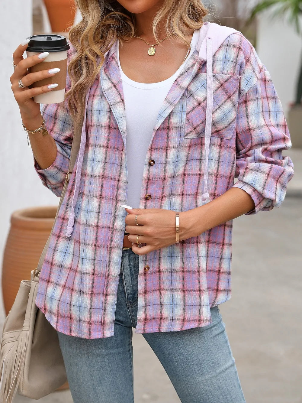 Plaid Long Sleeve Hooded Jacket nicholesgifts