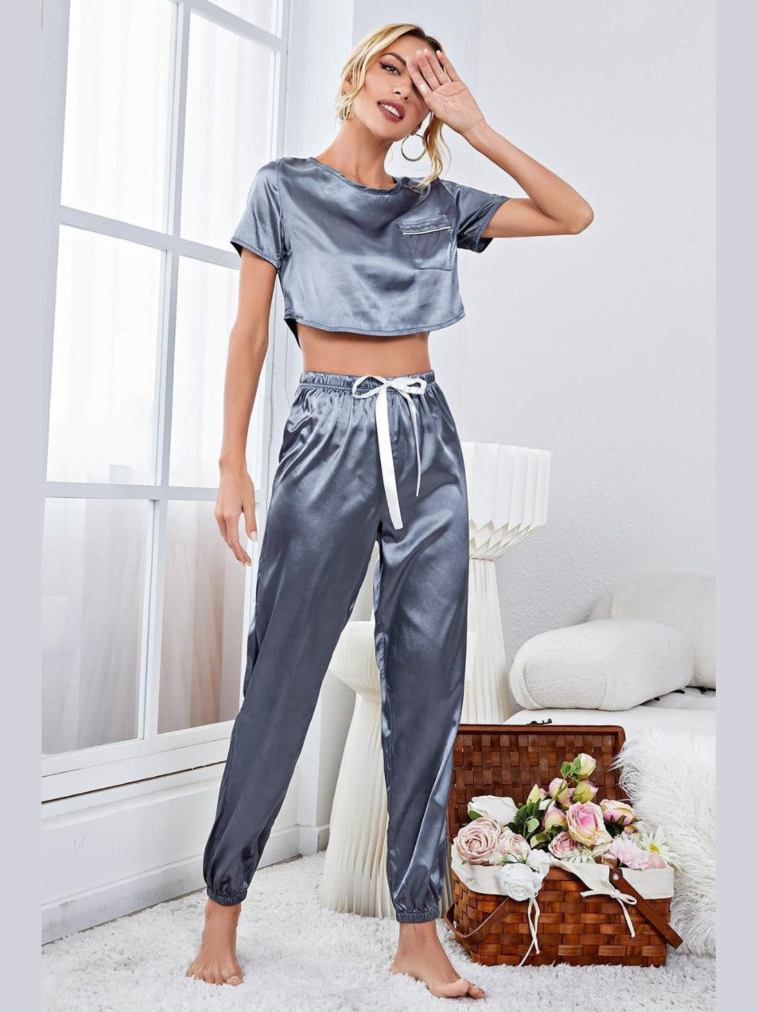 Satin Short Sleeve Crop Top and Joggers Lounge Set nicholesgifts