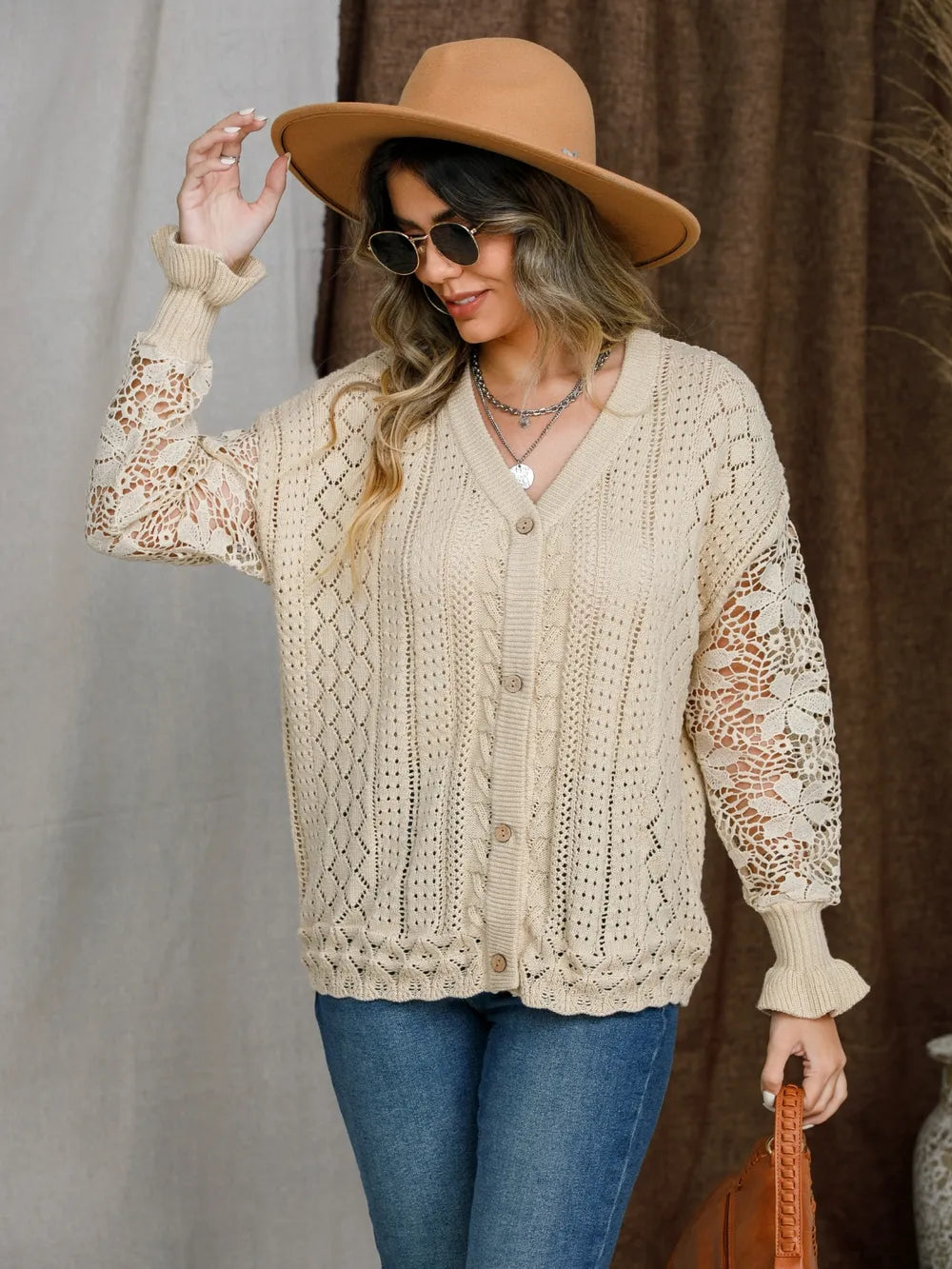 Eyelet Button Up Lantern Sleeve Cardigan nicholesgifts
