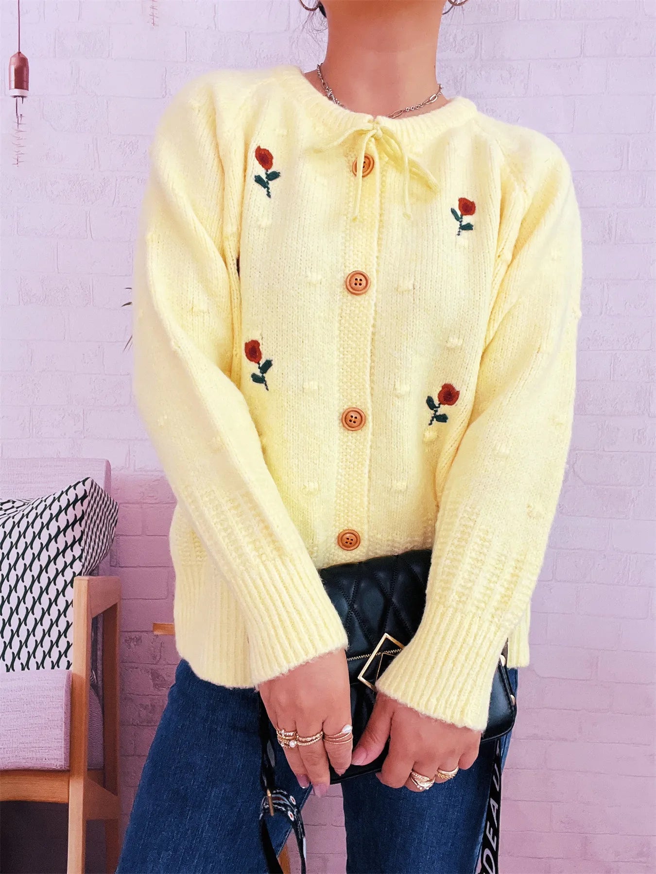 Rose Embroidered Button-Up Cardigan