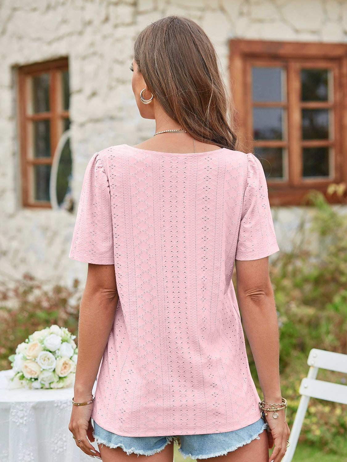 Women Eyelet Square Neck Short Sleeve Blouse nicholesgifts