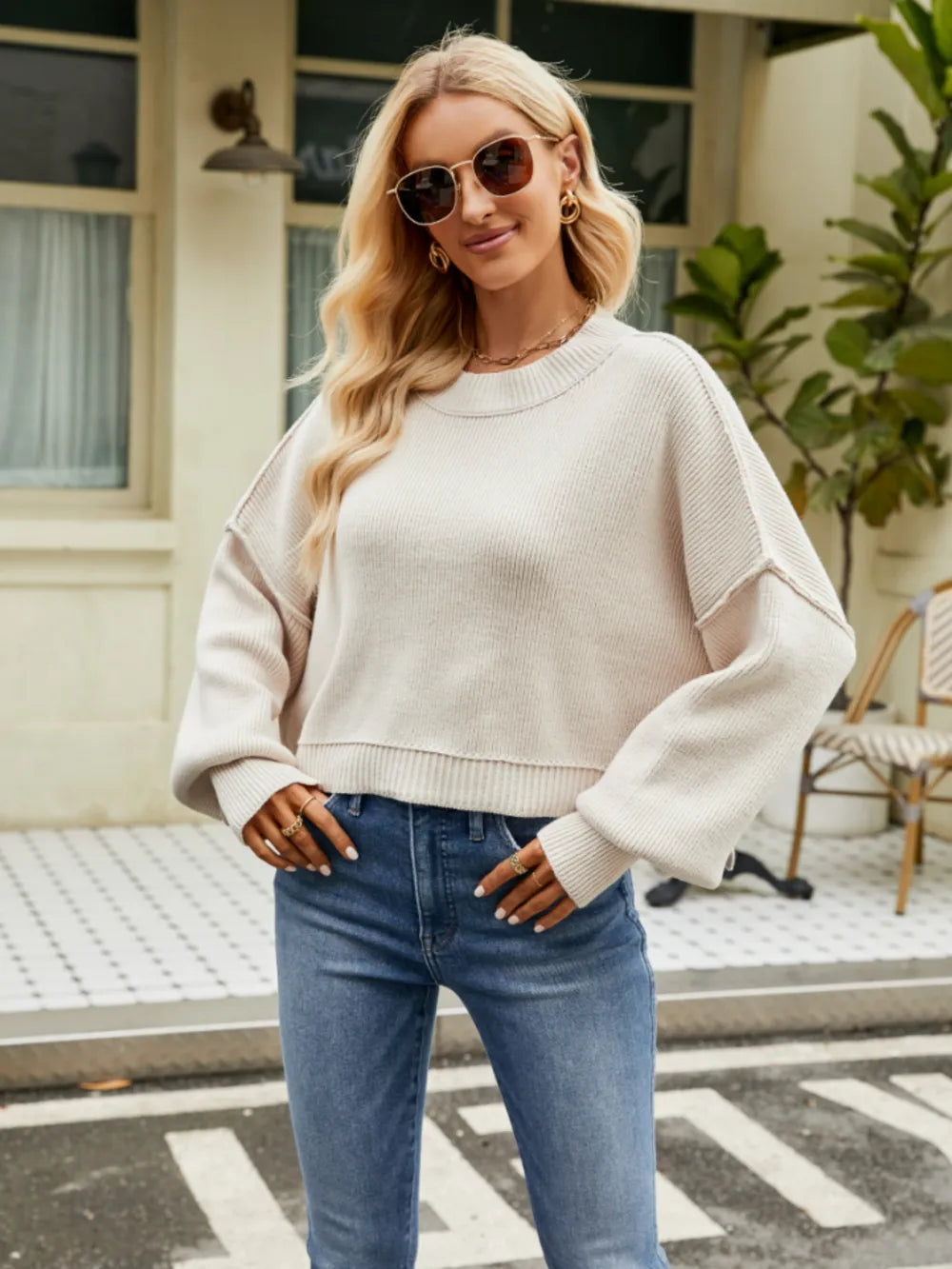 Round Neck Lantern Sleeve Sweater Trendsi