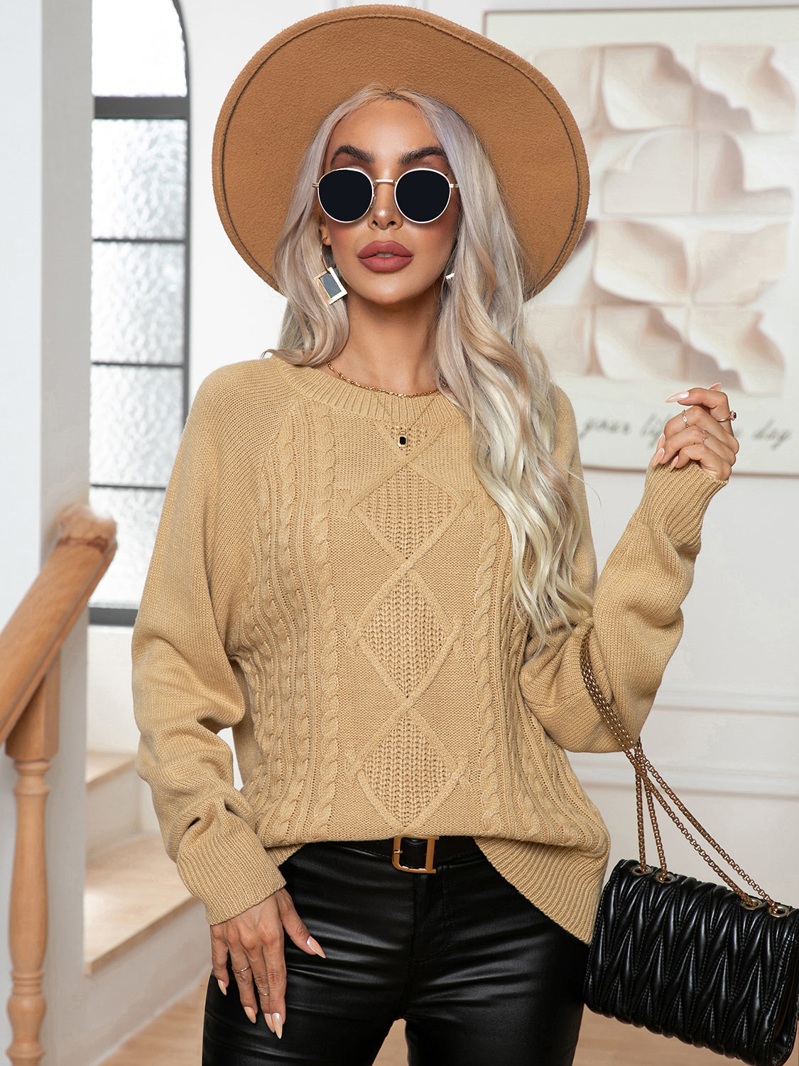 Cable-Knit Long Sleeve Sweater Trendsi