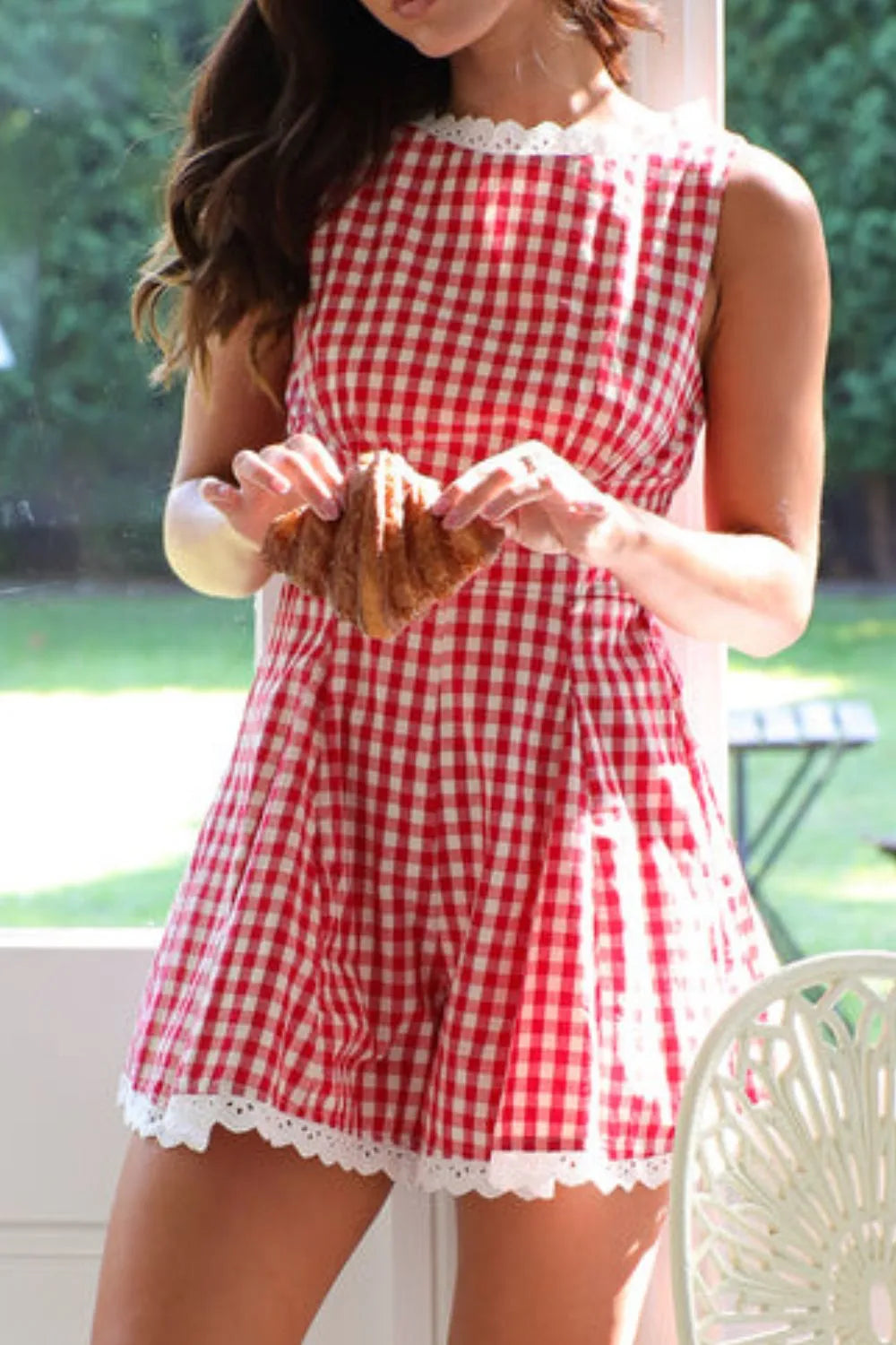 Lace Detail Plaid Sleeveless Romper Trendsi