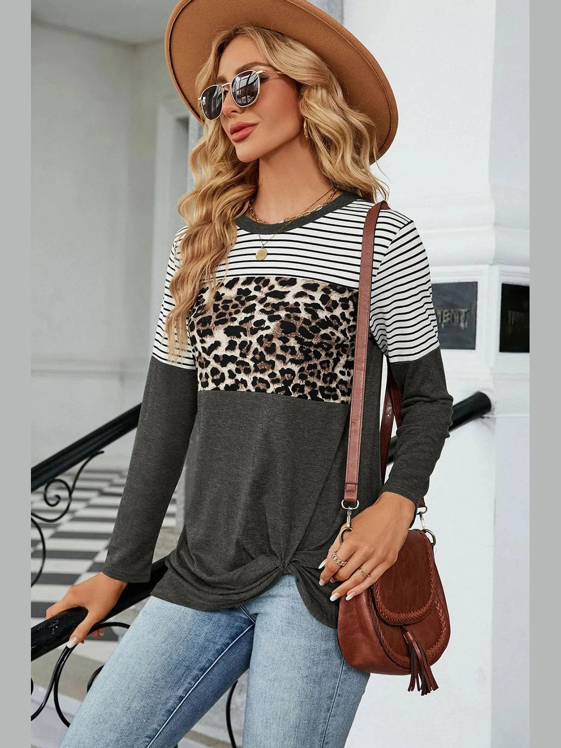 Leopard Striped Round Neck T-Shirt NicholesGifts