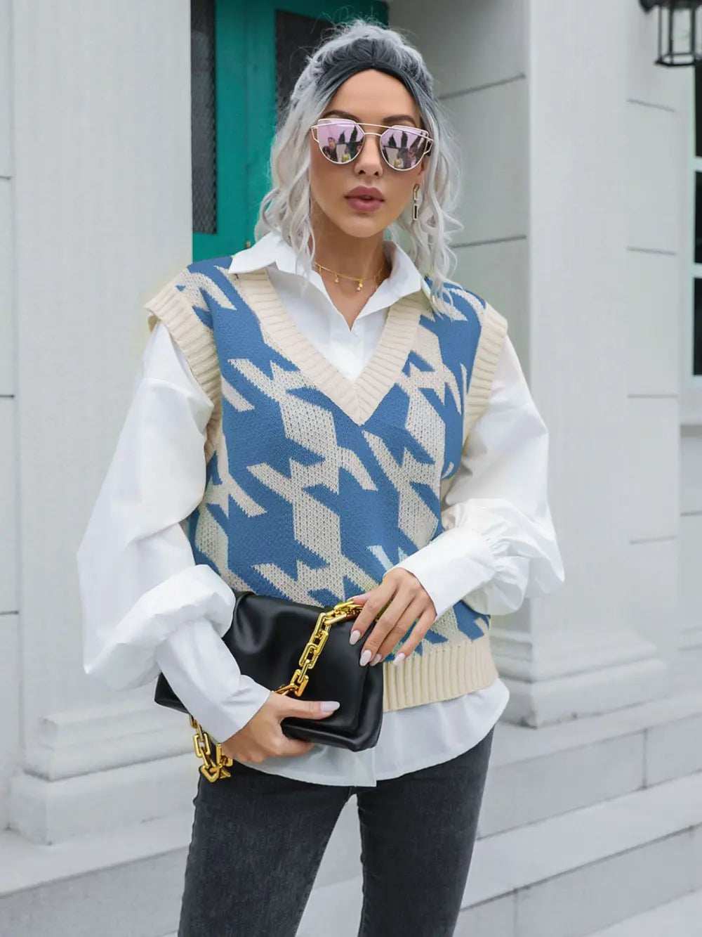 Houndstooth V-Neck Sweater Vest Trendsi