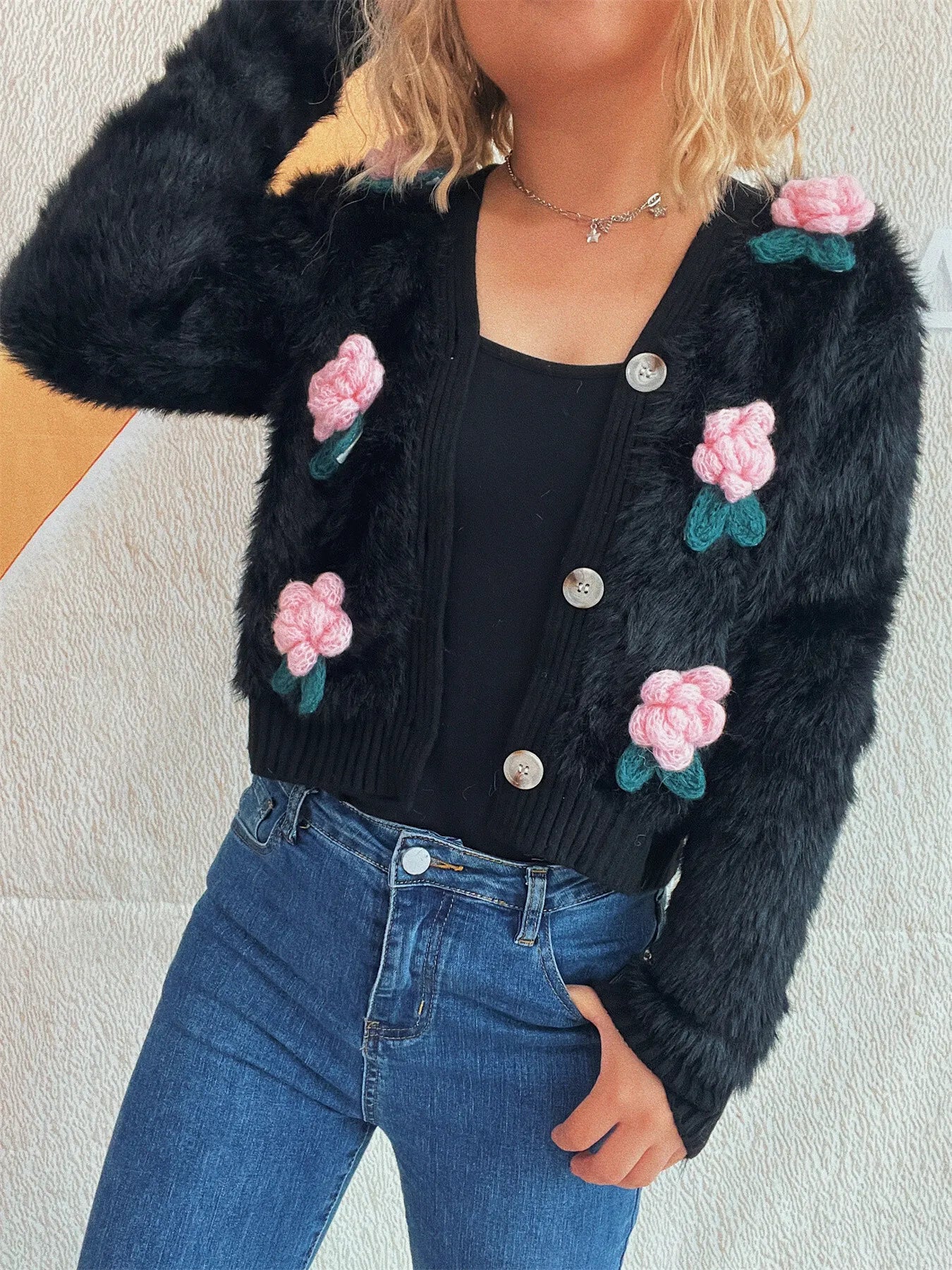 Flower Fuzzy Button-Up Cardigan