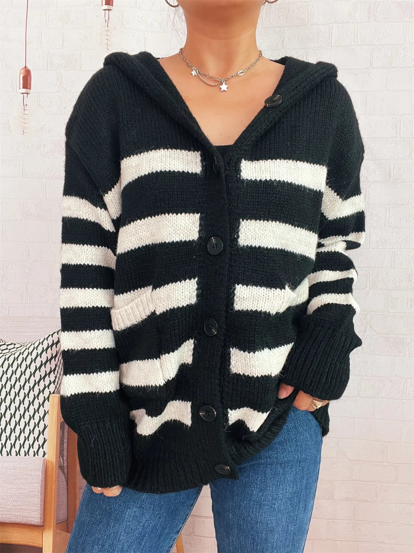 Striped Button-Up Hooded Cardigan