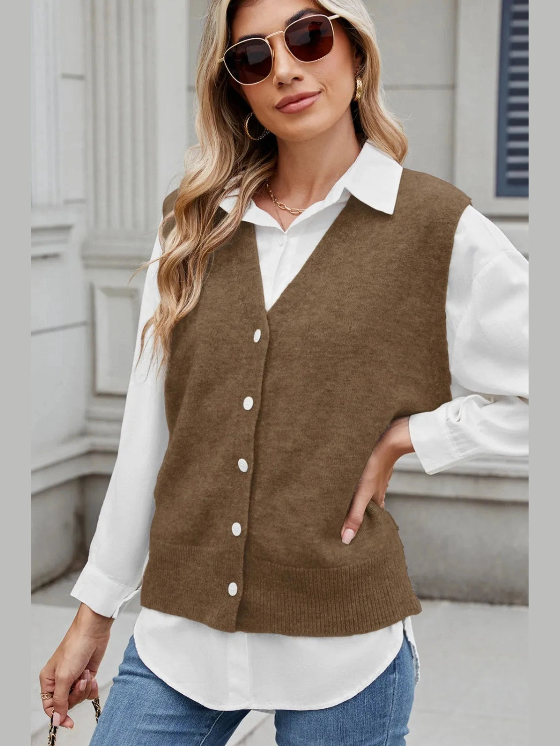Button Down V-Neck Sweater Vest nicholesgifts