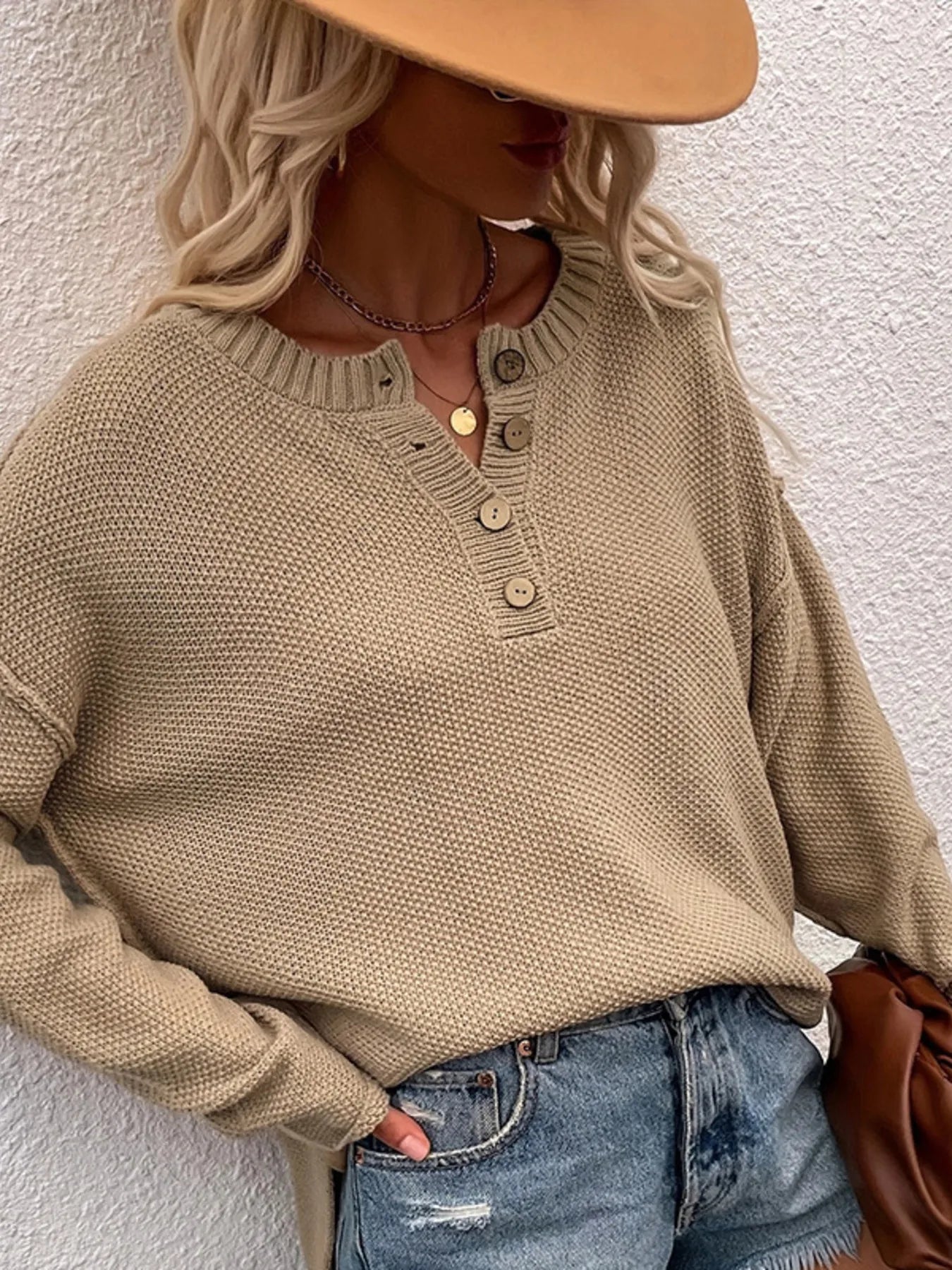 Women Button Detail Long Sleeve Knit Top