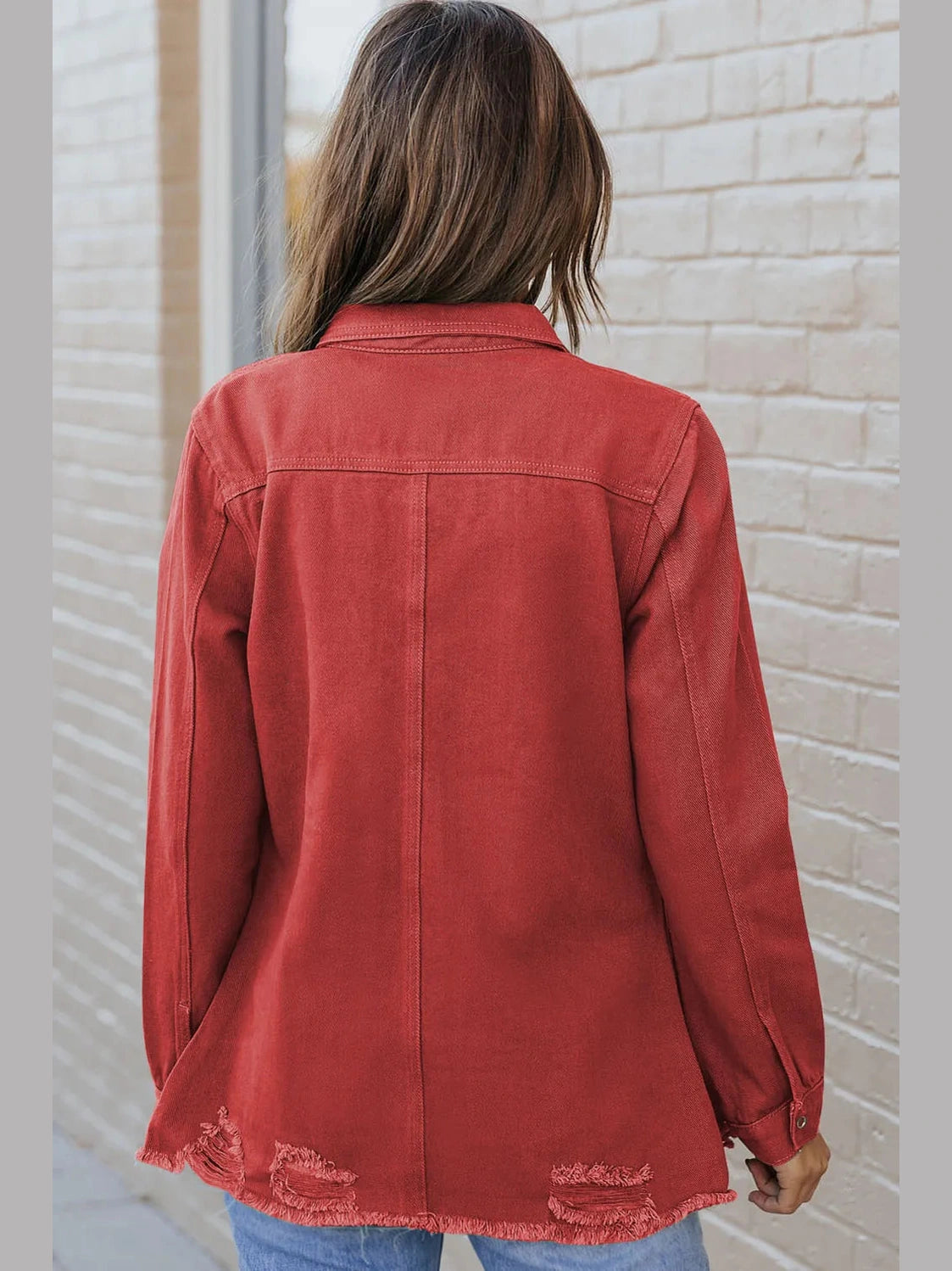 Distressed Raw Hem Snap Down Denim Jacket nicholesgifts