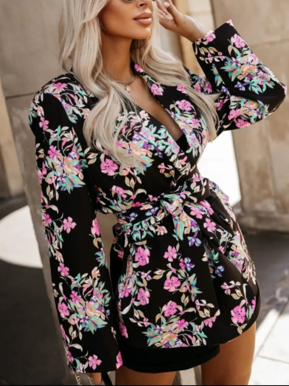 Tied Printed Collared Neck Long Sleeve Jacket Trendsi