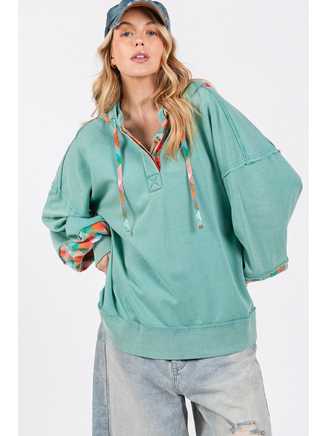 NicholesGifts Women Sage + Fig Full Size Plaid Print Washed Hoodie NicholesGifts