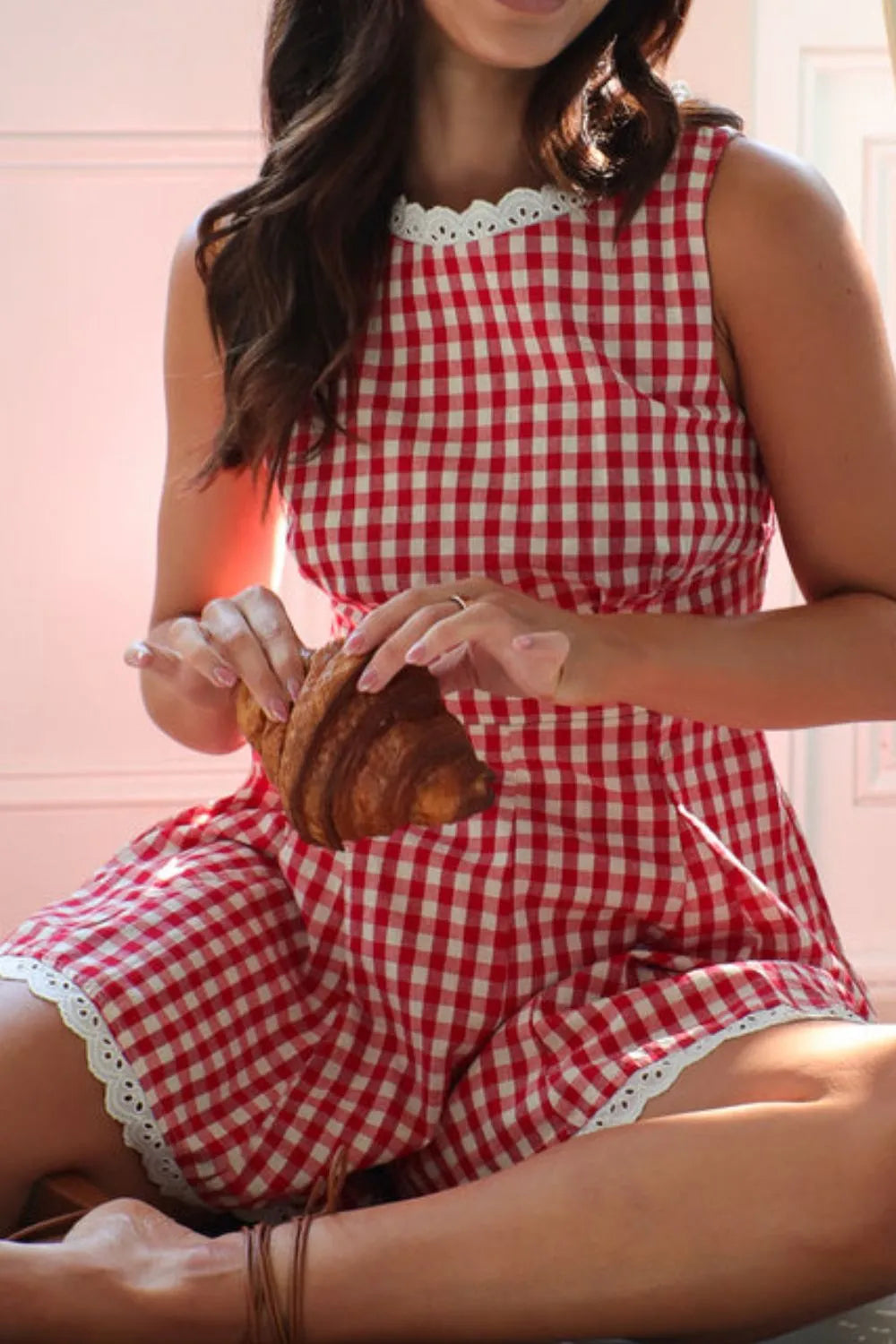 Lace Detail Plaid Sleeveless Romper Trendsi