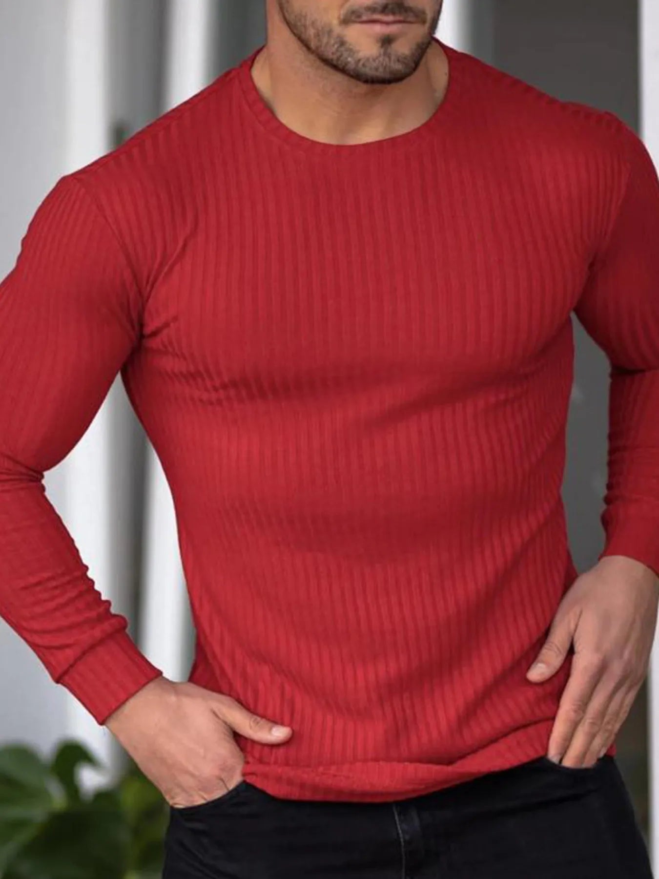 Men's Ribbed Round Neck Long Sleeve T-Shirt Trendsi