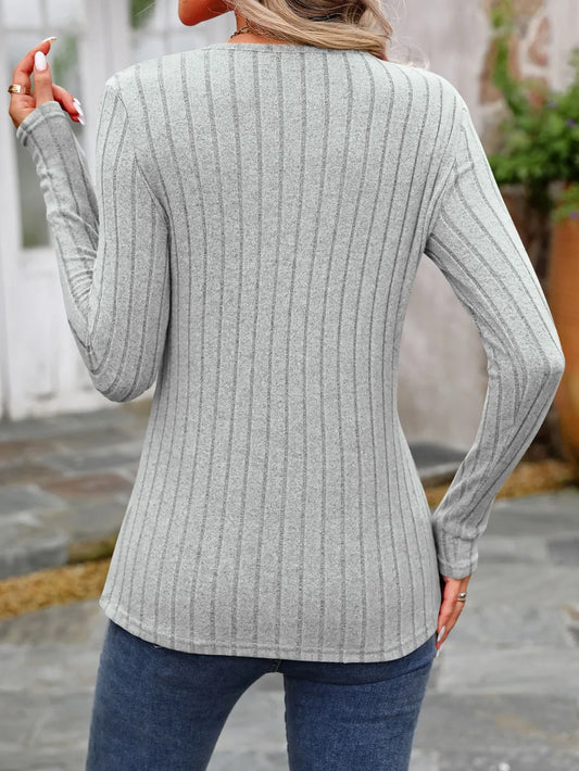 Decorative Button Round Neck Long Sleeve T-Shirt nicholesgifts