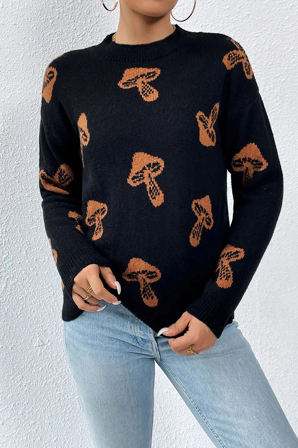 Women Graphic Mock Neck Dropped Shoulder Sweater
