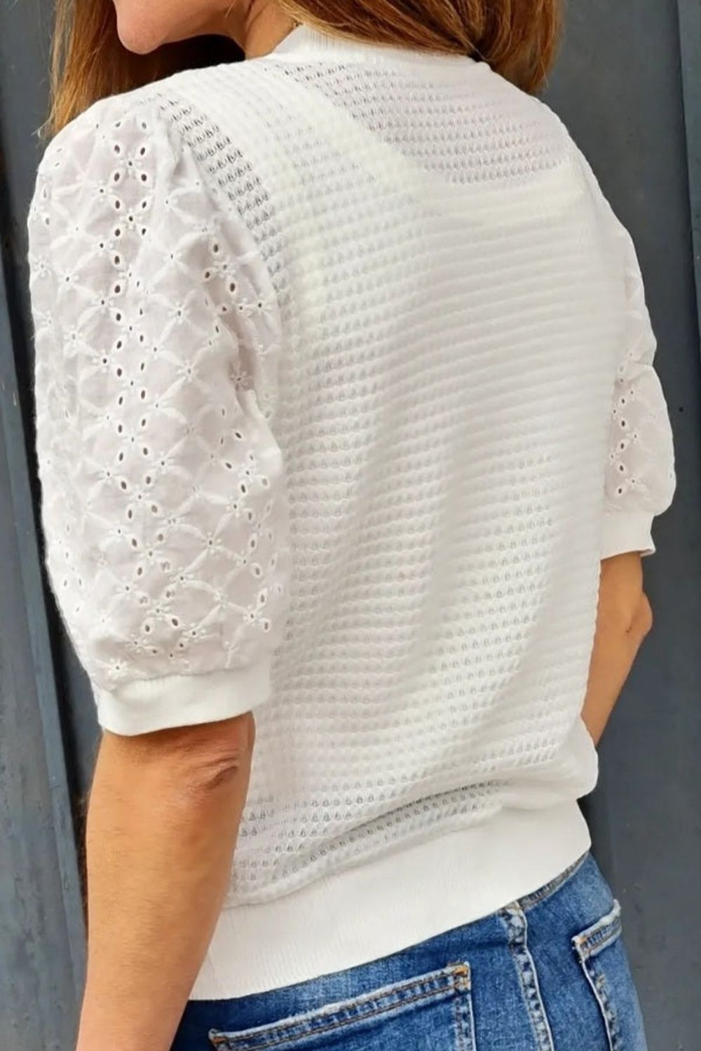 Eyelet Round Neck Half Sleeve Blouse nicholesgifts