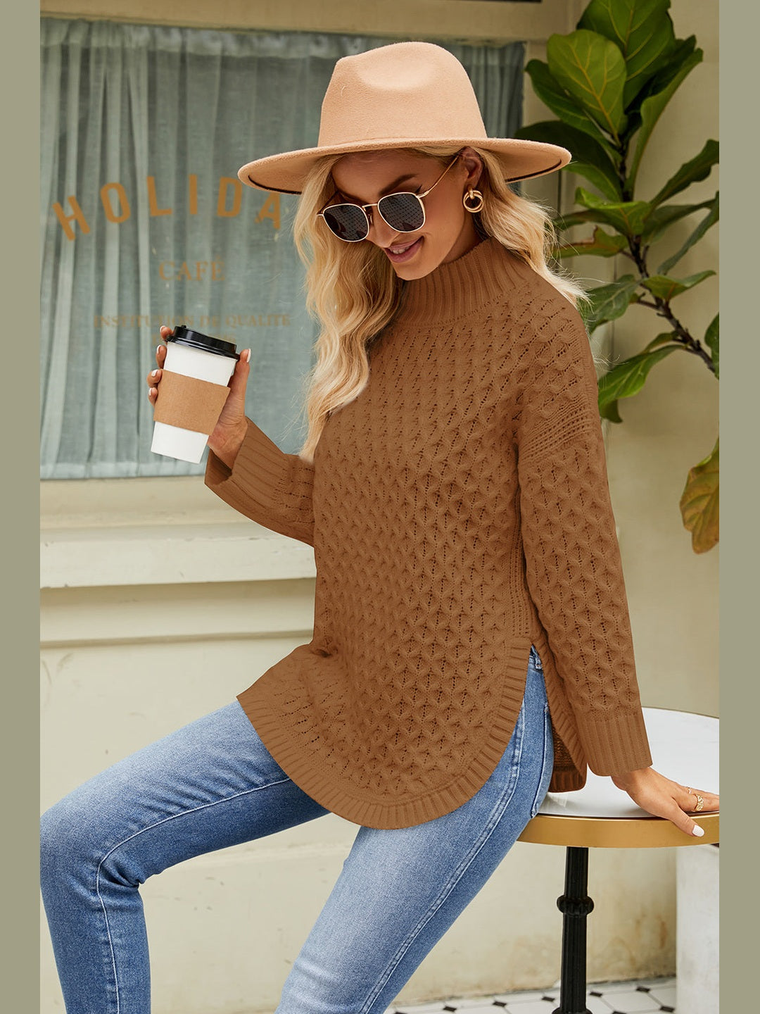 Slit Long Sleeve Mock Neck Sweater Trendsi