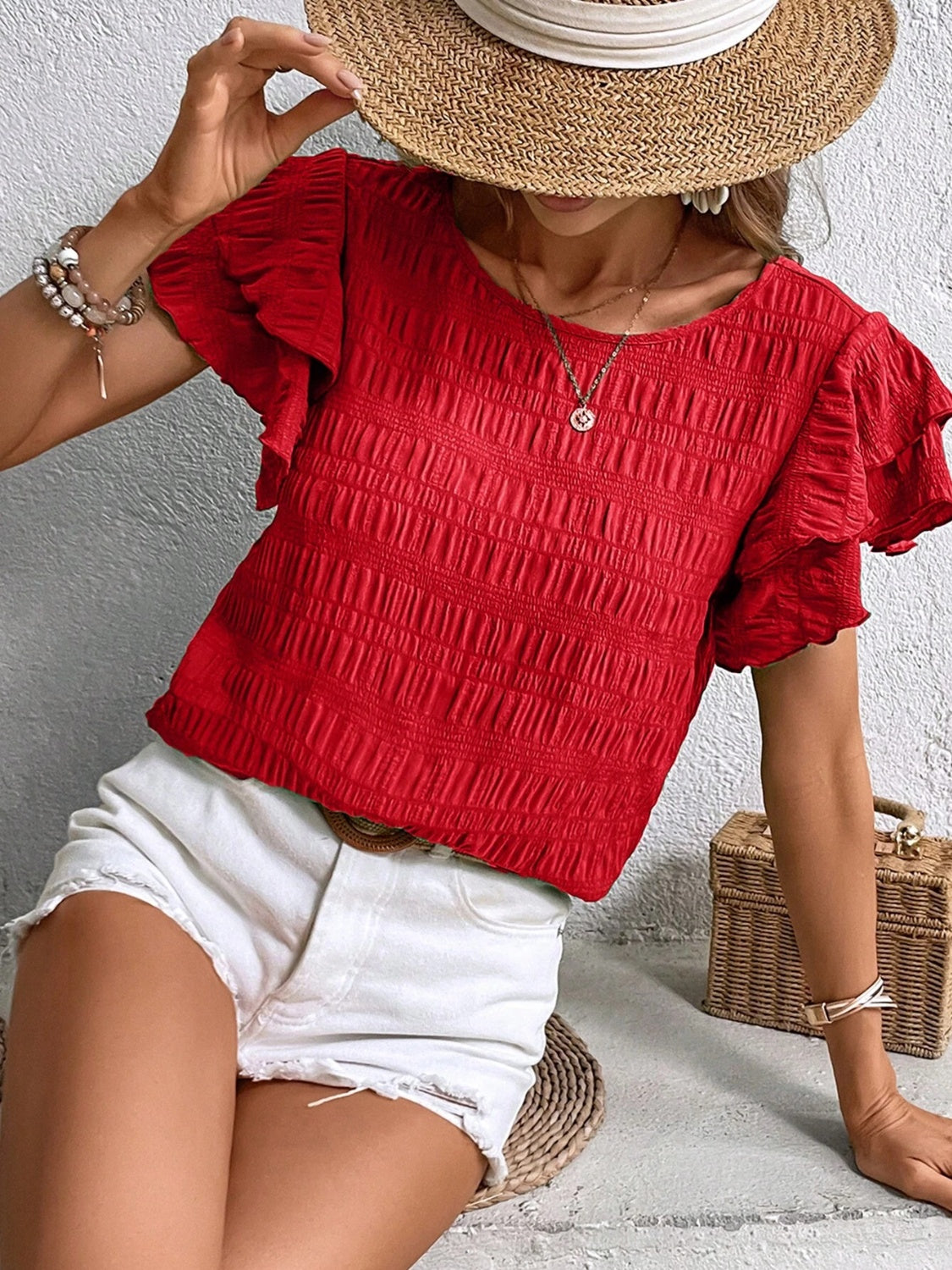 Women Round Neck Flounce Sleeve Blouse nicholesgifts