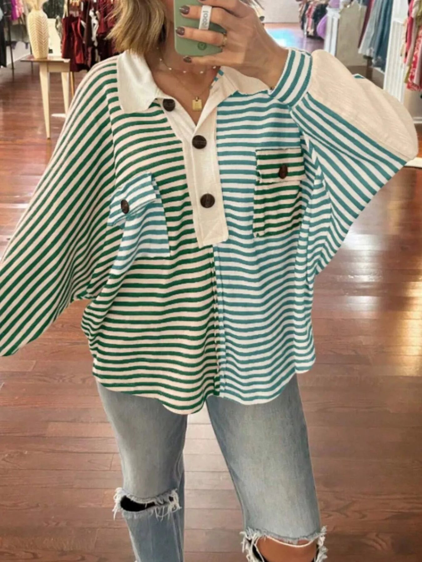 Striped Oversized Half Button Sweatshirt nicholesgifts