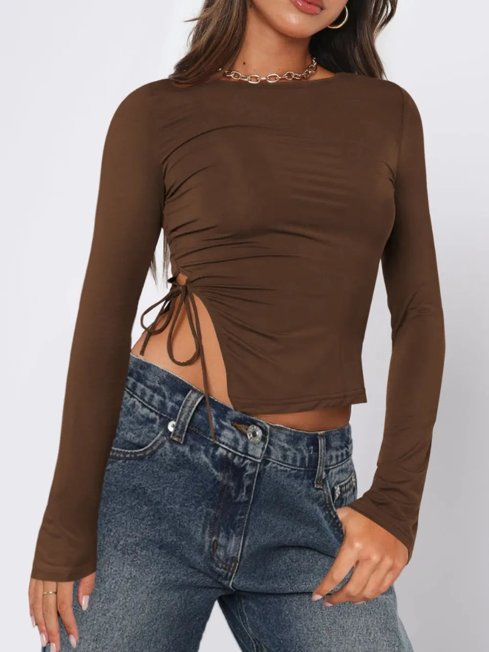 Tied Slit Round Neck Long Sleeve T-Shirt NicholesGifts
