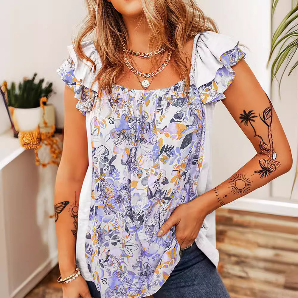 Ruffled Floral Square Neck Cap Sleeve Blouse nicholesgifts