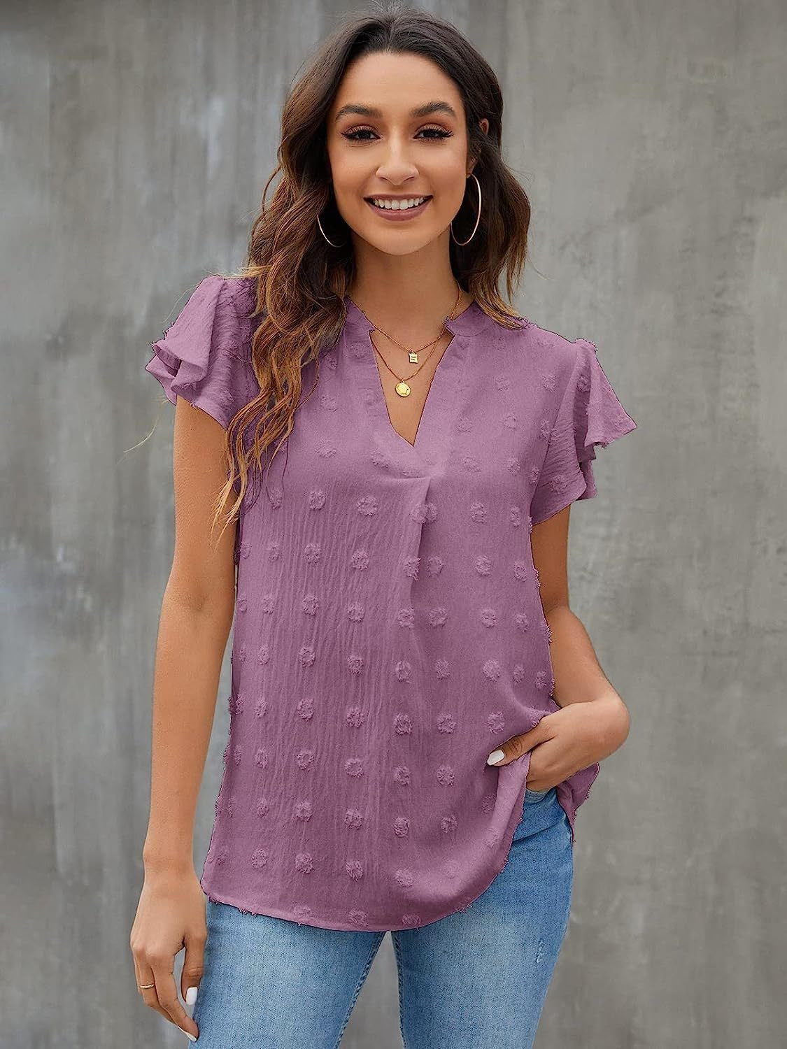 Swiss Dot Notched Cap Sleeve Blouse nicholesgifts