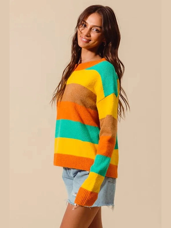 SO ME Multi Color Stripe Sweater with Ribbed Detail Trendsi