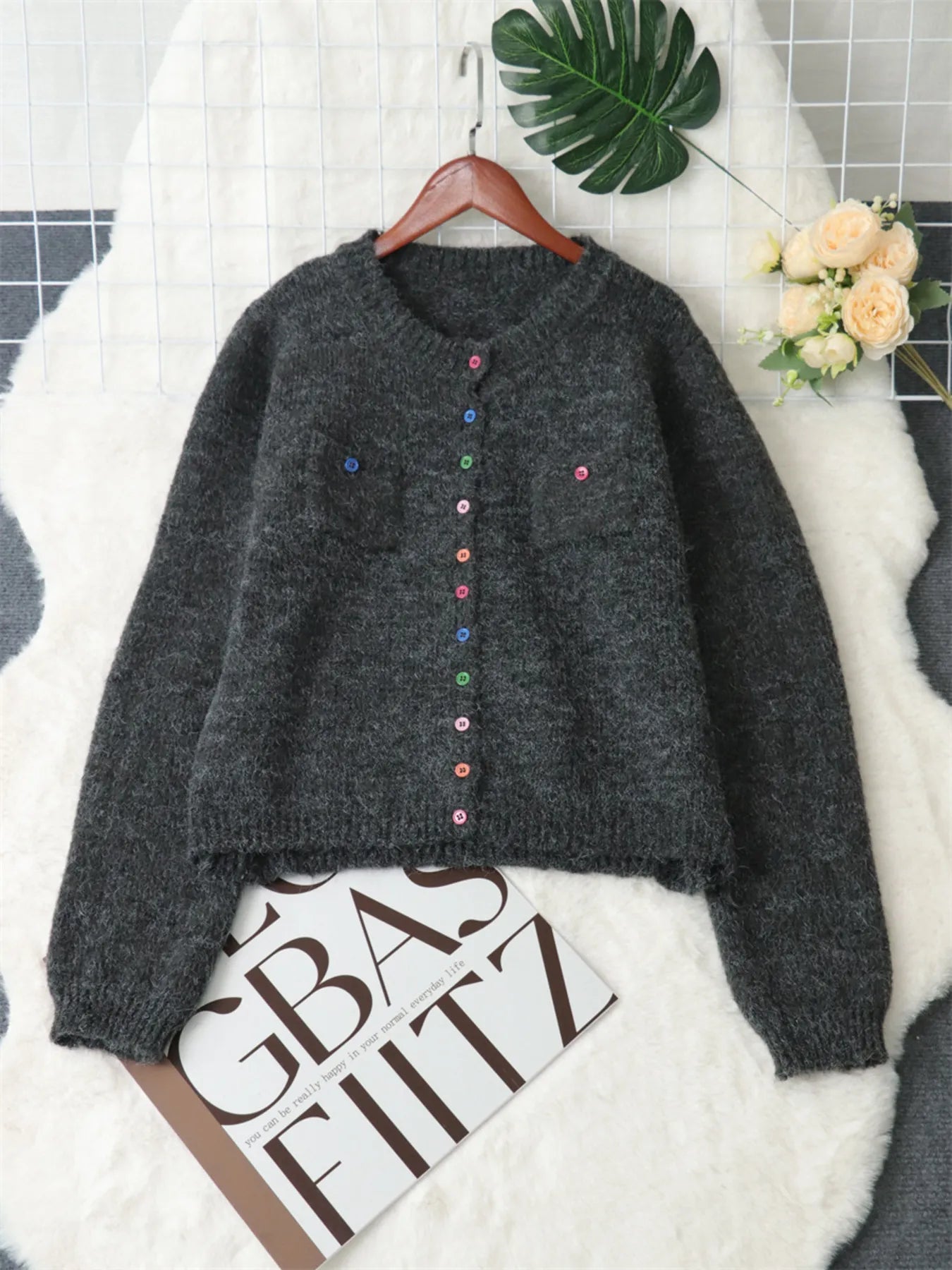Button-Up Ribbed Hem Cardigan with Chest Pocket
