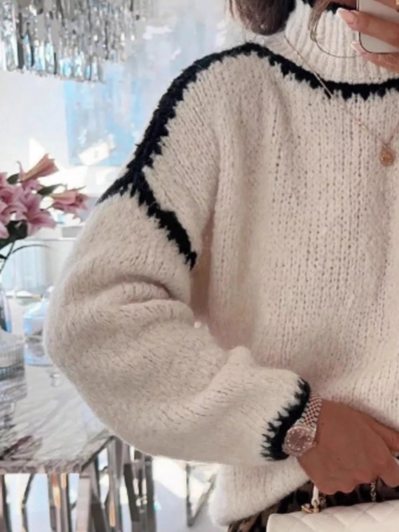 Contrast Trim Turtleneck Long Sleeve Sweater