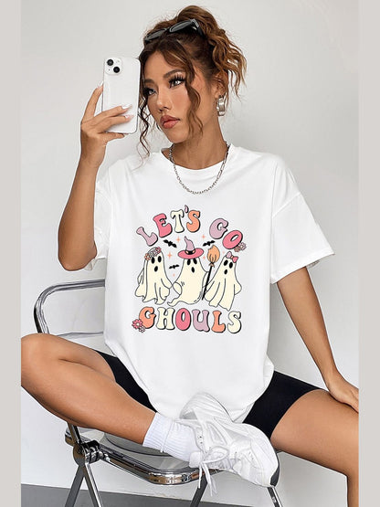 Women Round Neck Short Sleeve LET'S GO GHOULS Graphic T-Shirt nicholesgifts