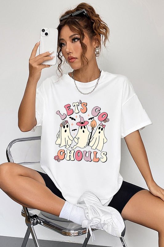 Round Neck Short Sleeve LET'S GO GHOULS Graphic T-Shirt NicholesGifts