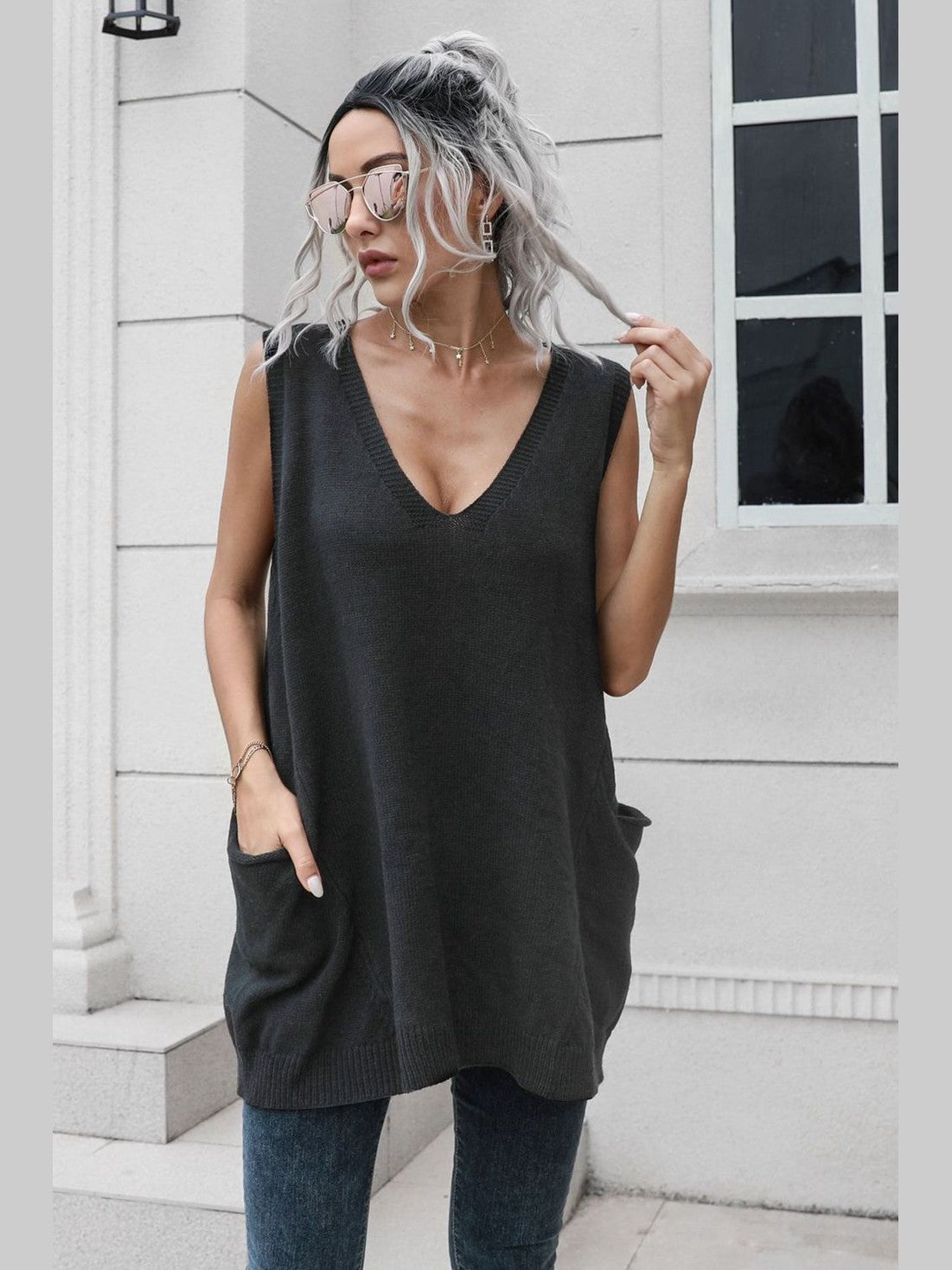 V-Neck Sleeveless Sweater Vest with Pocket nicholesgifts