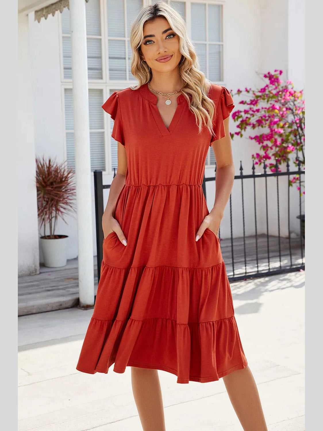 Ruched Notched Cap Sleeve Dress nicholesgifts