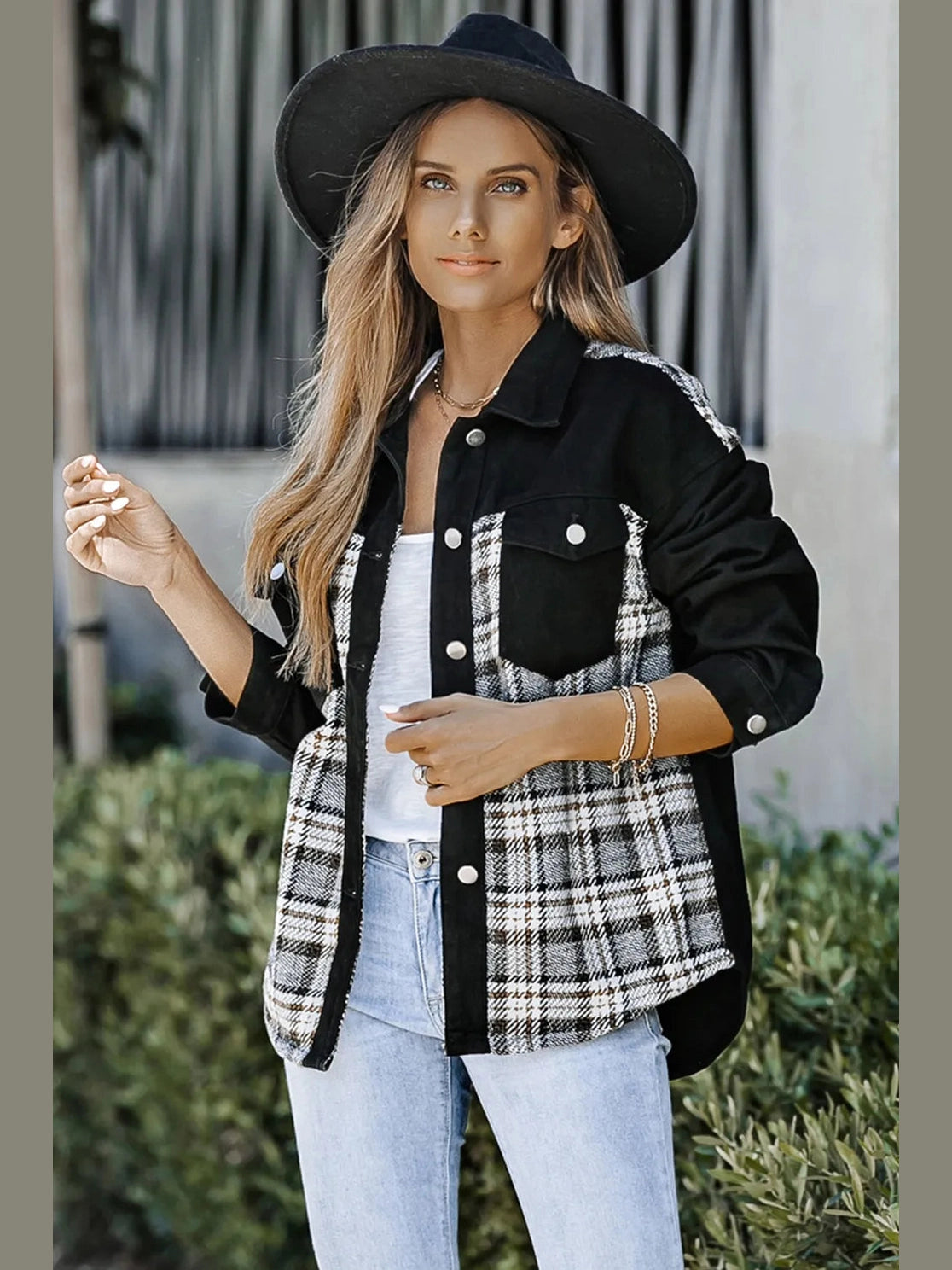 Plaid Pocketed Button Up Denim Jacket nicholesgifts