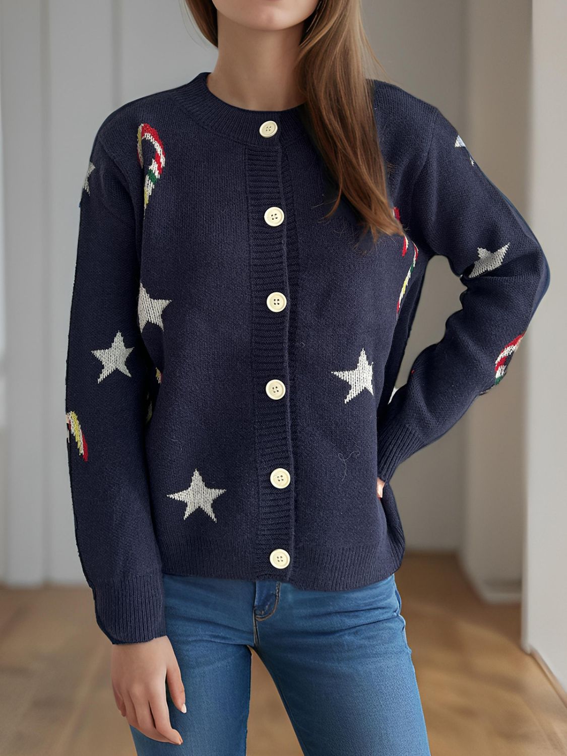 NicholesGifts Women Candy Cane & Star Button Down Long Sleeve Christmas Cardigan NicholesGifts