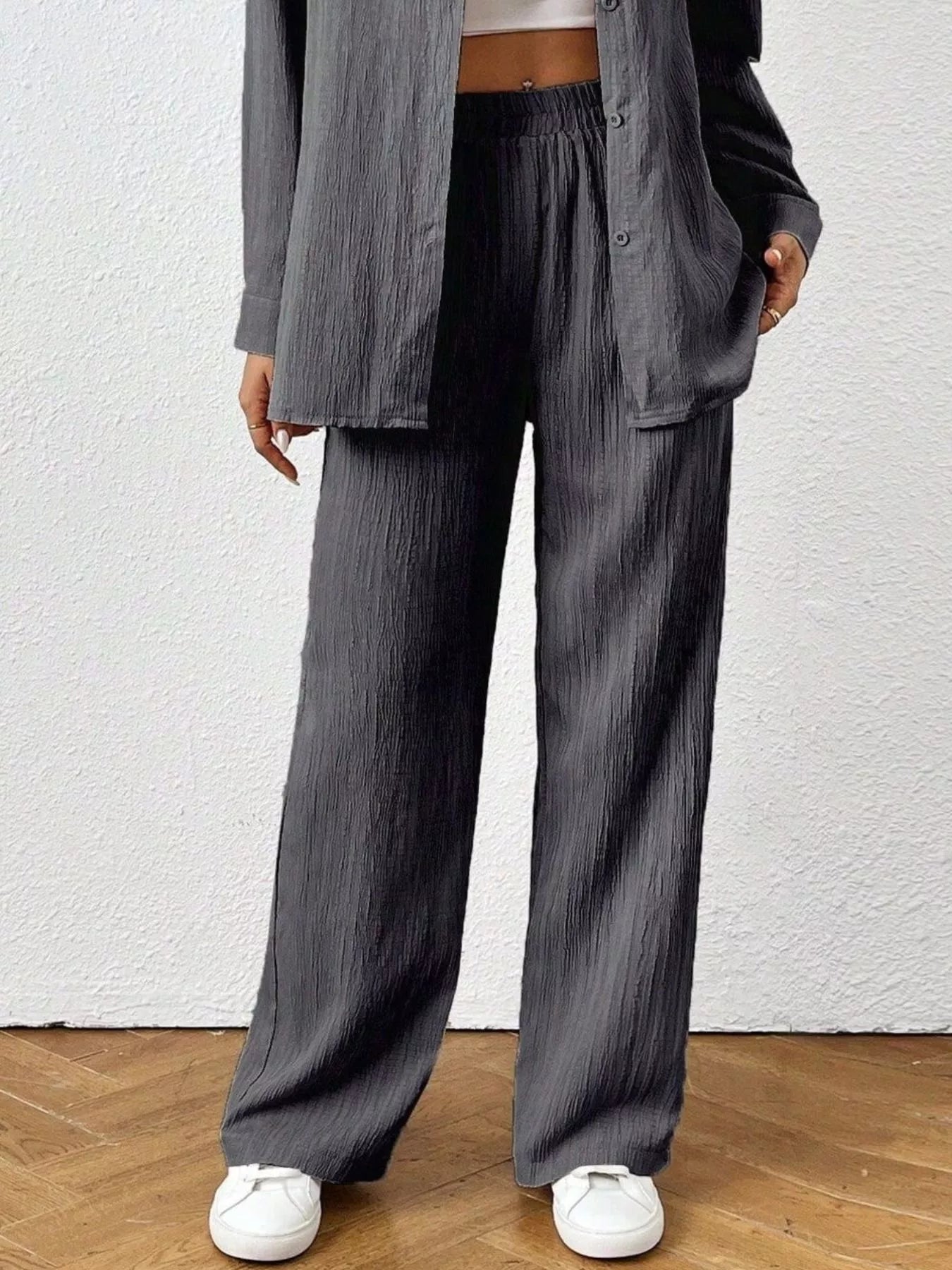 Button Up Long Sleeve Shirt and Pants Set Trendsi