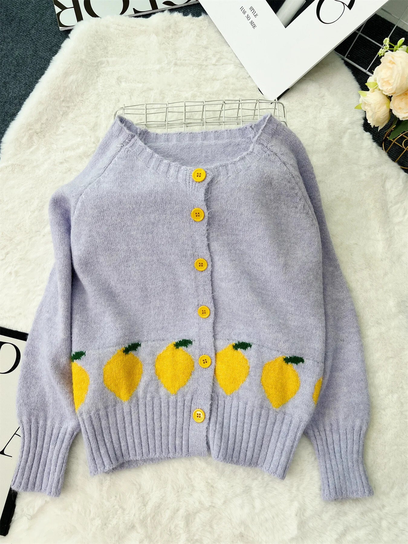 Lemon Pattern Button-Up Cardigan