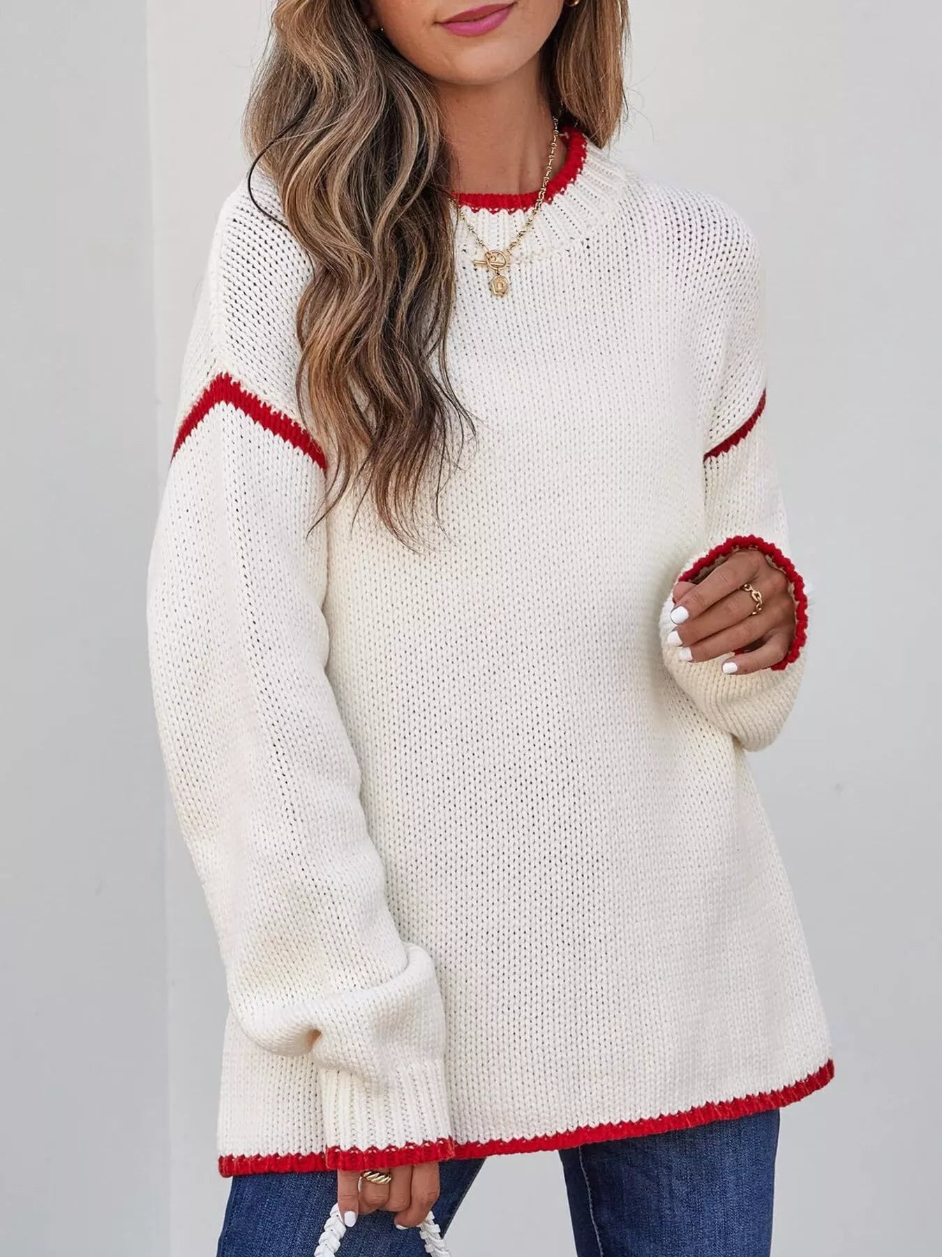 Contrast Trim Long Sleeve Sweater Trendsi