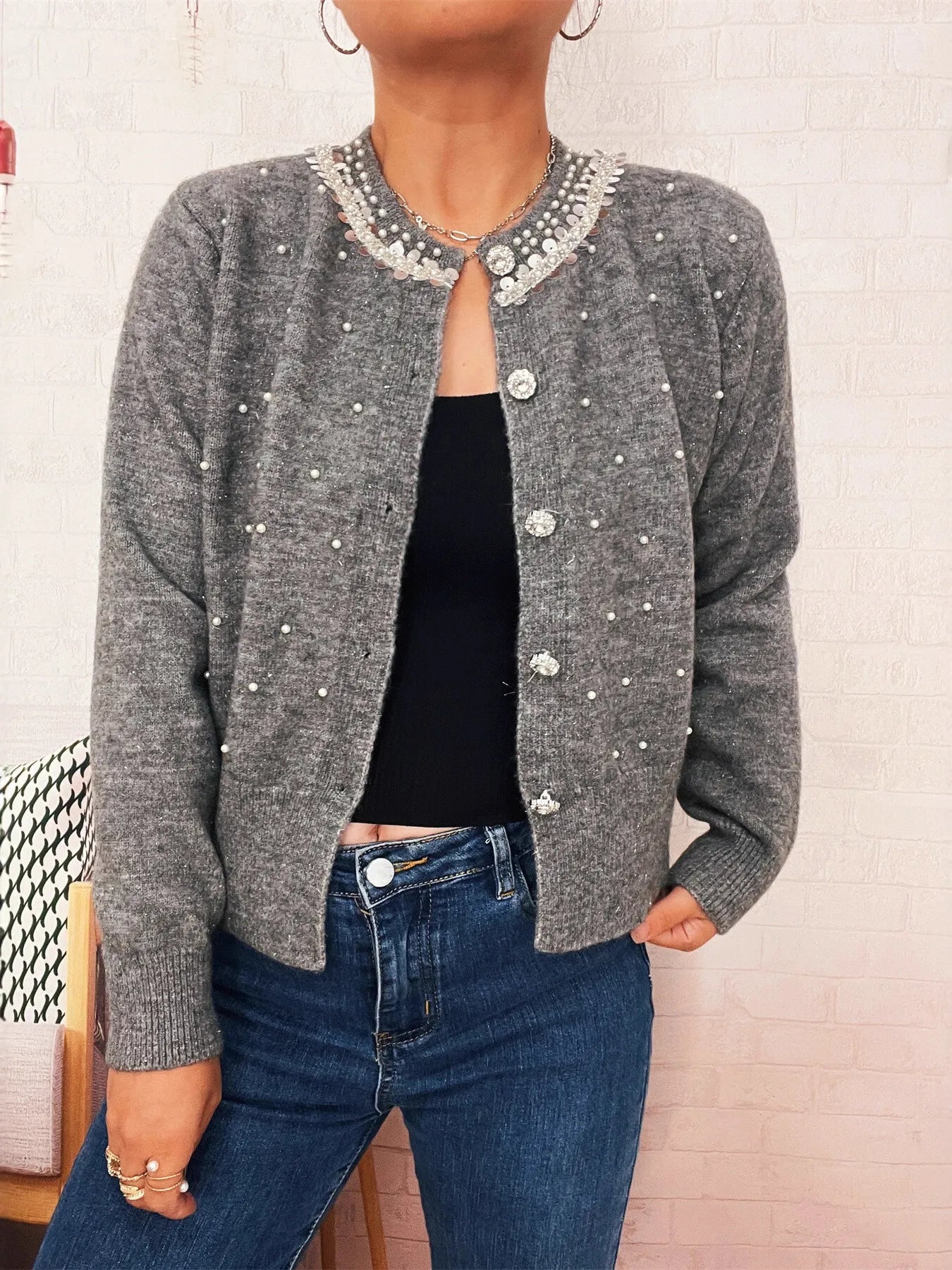 Pearl Detail Button-Front Cardigan NicholesGifts