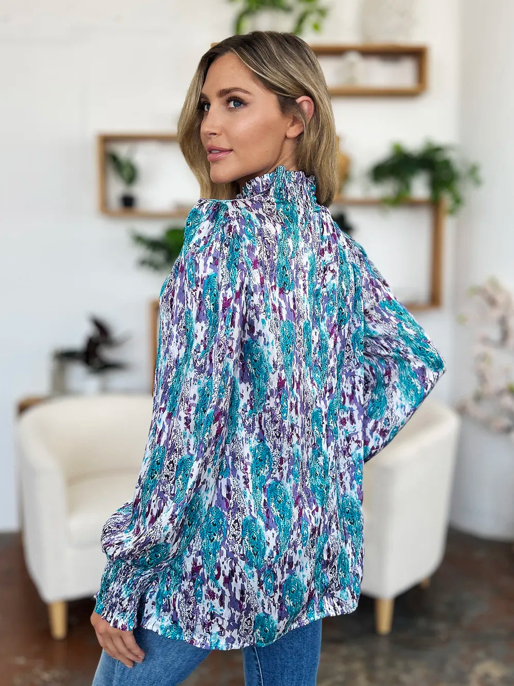 Double Take Full Size Printed Smocked Long Sleeve Blouse nicholesgifts