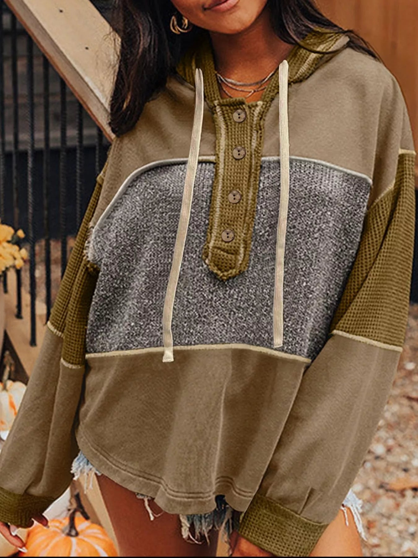 Mixed Texture Patchwork Exposed Seam Half Button Hoodie Trendsi